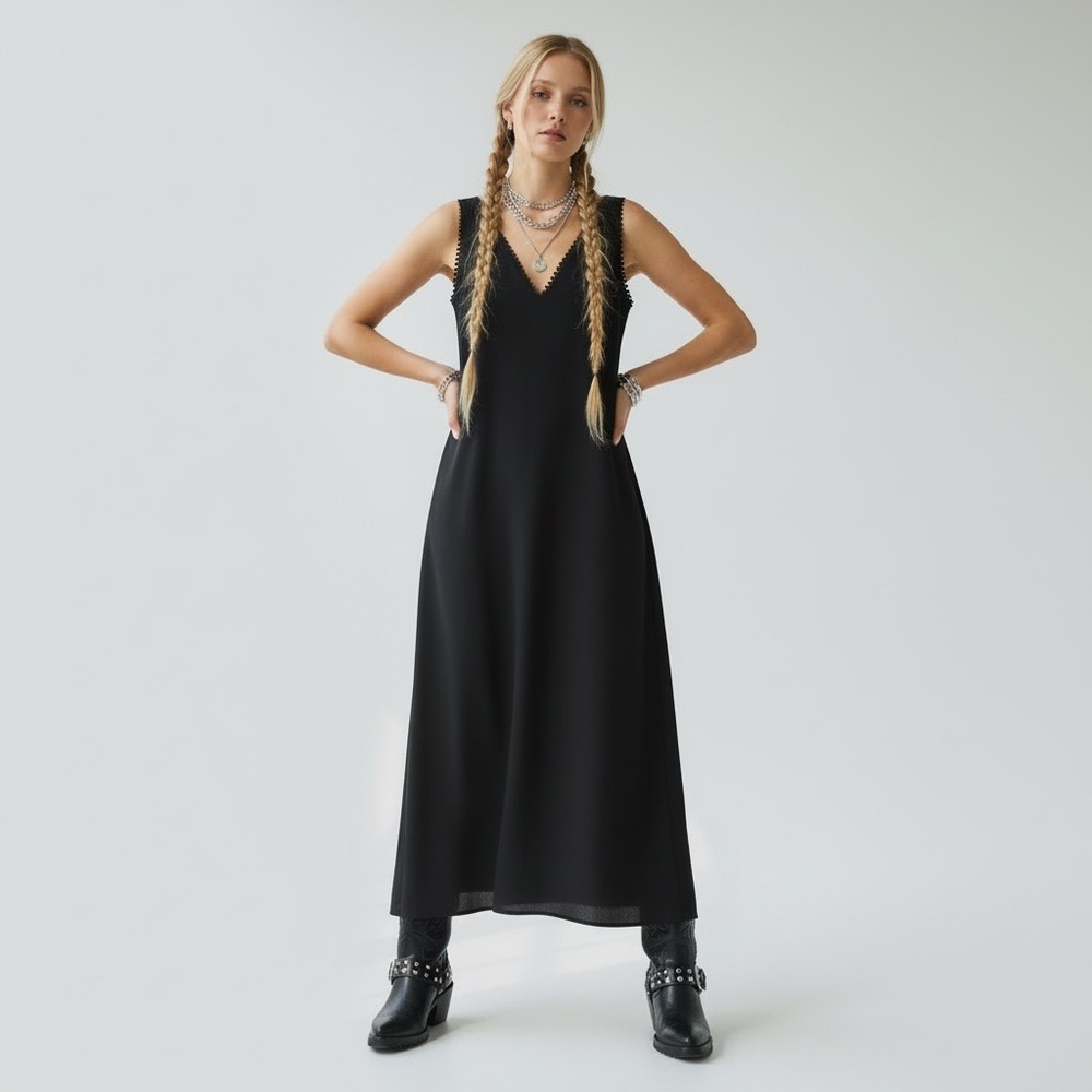 NWT The Kooples Black Sleeveless V-Neck Midi Dress Size M